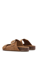 Women's Tan Double Buckle Suede Leather Slippers | Derimod Women's Tan Double Buckle Suede Leather Slippers | Derimod