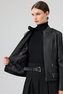 Nora Women's Black Stand Collar Short Leather Jacket | Derimod Nora Women's Black Stand Collar Short Leather Jacket | Derimod