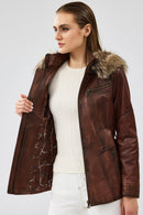 Rebecca Women's Brown Hooded Furry Leather Jacket | Derimod Rebecca Women's Brown Hooded Furry Leather Jacket | Derimod