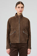 Gina Women's Brown Stand Collar Oversize Short Suede Leather Jacket | Derimod Gina Women's Brown Stand Collar Oversize Short Suede Leather Jacket | Derimod
