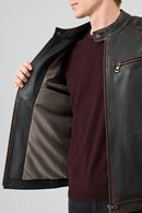 Leonard Men's Brown Vintage Slim-Fit Leather Jacket | Derimod Leonard Men's Brown Vintage Slim-Fit Leather Jacket | Derimod