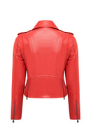 Newage Women's Red Slim-Fit Biker Leather Jacket | Derimod Newage Women's Red Slim-Fit Biker Leather Jacket | Derimod