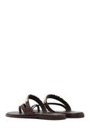 Women's Brown Stoned Flip-Flop Leather Slippers | Derimod Women's Brown Stoned Flip-Flop Leather Slippers | Derimod