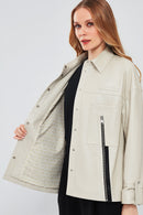 Farrah Women's Beige Oversize Leather Jacket | Derimod Farrah Women's Beige Oversize Leather Jacket | Derimod