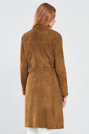 Sardinia Women's Camel Suede Leather Trench Coat | Derimod Sardinia Women's Camel Suede Leather Trench Coat | Derimod