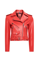 Newage Women's Red Slim-Fit Biker Leather Jacket | Derimod Newage Women's Red Slim-Fit Biker Leather Jacket | Derimod