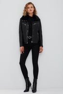 Vivien Women's Black Fur Collar Leather Jacket | Derimod Vivien Women's Black Fur Collar Leather Jacket | Derimod
