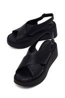 Woman Black Ankle-Buckle Wedge-Heel Leather Comfort Sandal | Derimod Woman Black Ankle-Buckle Wedge-Heel Leather Comfort Sandal | Derimod