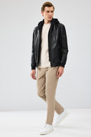 Niko Men's Black Hooded Leather Jacket | Derimod Niko Men's Black Hooded Leather Jacket | Derimod