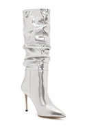 Women's Grey Thin Heel Metallic Leather Boots | Derimod Women's Grey Thin Heel Metallic Leather Boots | Derimod