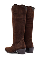Woman Brown Chunky Heel Suede Leather Cowboy Boots | Derimod Woman Brown Chunky Heel Suede Leather Cowboy Boots | Derimod