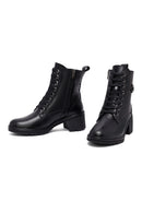 Woman Black Zippered Chunky Heels Leather Boat | Derimod Woman Black Zippered Chunky Heels Leather Boat | Derimod