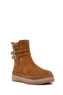 Woman Tan Zippered Suede Leather Teddy Bot | Derimod Woman Tan Zippered Suede Leather Teddy Bot | Derimod