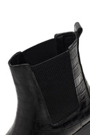 Women's Black Croco Patterned Short Thick Heel Leather Chelsea Boot | Derimod Women's Black Croco Patterned Short Thick Heel Leather Chelsea Boot | Derimod