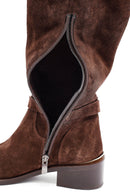 Woman Brown Zippered Low Heel Suede Leather Boot | Derimod Woman Brown Zippered Low Heel Suede Leather Boot | Derimod