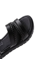 Women's Black Thick Soled Knitted Detailed Leather Bodrum Sandals | Derimod Women's Black Thick Soled Knitted Detailed Leather Bodrum Sandals | Derimod