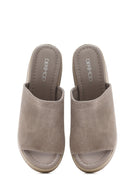 Women's Gray Wedge Heeled Suede Leather Slippers | Derimod Women's Gray Wedge Heeled Suede Leather Slippers | Derimod