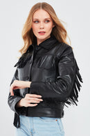 Luna Women's Tasseled Leather Jacket | Derimod Luna Women's Tasseled Leather Jacket | Derimod