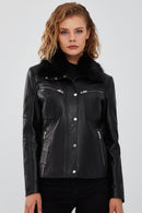 Vivien Women's Black Fur Collar Leather Jacket | Derimod Vivien Women's Black Fur Collar Leather Jacket | Derimod