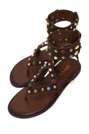 Woman Brown Embellished Toe-Post Suede Leather Sandals | Derimod Woman Brown Embellished Toe-Post Suede Leather Sandals | Derimod