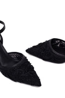 Woman Black Ankle-Buckle Floral Embroidered Open-Back Thin High Heel | Derimod Woman Black Ankle-Buckle Floral Embroidered Open-Back Thin High Heel | Derimod