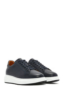 Men's Navy Blue Lace-Up Leather Sneaker | Derimod Men's Navy Blue Lace-Up Leather Sneaker | Derimod