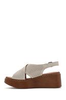 Women's Cream Ankle Strap Printed Wedge Heel Leather Comfort Sandals | Derimod Women's Cream Ankle Strap Printed Wedge Heel Leather Comfort Sandals | Derimod