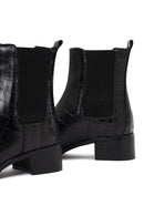 Women's Black Croco Patterned Short Thick Heel Leather Chelsea Boot | Derimod Women's Black Croco Patterned Short Thick Heel Leather Chelsea Boot | Derimod