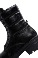 Women's Black Zipper Metallic Leather Combat Boots | Derimod Women's Black Zipper Metallic Leather Combat Boots | Derimod