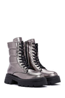 Women's Grey Zippered Metallic Leather Combat Boots | Derimod Women's Grey Zippered Metallic Leather Combat Boots | Derimod