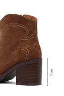 Woman Tan Suede Chunky Heel Leather Cowboy Boots | Derimod Woman Tan Suede Chunky Heel Leather Cowboy Boots | Derimod