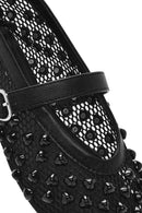 Women's Black Buckled Stoned Fishnet Ballerinas | Derimod Women's Black Buckled Stoned Fishnet Ballerinas | Derimod