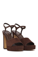 Women's Brown Ankle Buckle Platform High Heel Suede Leather Sandals | Derimod Women's Brown Ankle Buckle Platform High Heel Suede Leather Sandals | Derimod