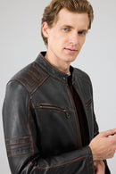 Leonard Men's Brown Vintage Slim-Fit Leather Jacket | Derimod Leonard Men's Brown Vintage Slim-Fit Leather Jacket | Derimod