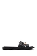 Women's Black Knit Leather Slippers | Derimod Women's Black Knit Leather Slippers | Derimod
