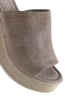 Women's Gray Wedge Heeled Suede Leather Slippers | Derimod Women's Gray Wedge Heeled Suede Leather Slippers | Derimod