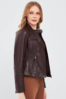 Alison Women's Claret Red Short Leather Jacket | Derimod Alison Women's Claret Red Short Leather Jacket | Derimod