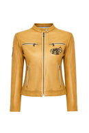 Champs Women's Yellow Embroidered Short Leather Jacket | Derimod Champs Women's Yellow Embroidered Short Leather Jacket | Derimod