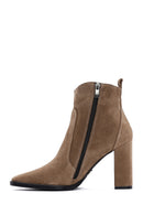 Women's Brown Suede Leather Heeled Boots | Derimod Women's Brown Suede Leather Heeled Boots | Derimod
