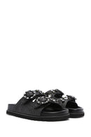 Women's Black Straw Stone Slippers | Derimod Women's Black Straw Stone Slippers | Derimod