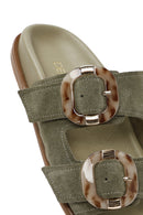 Women's Green Double Buckled Suede Leather Slippers | Derimod Women's Green Double Buckled Suede Leather Slippers | Derimod