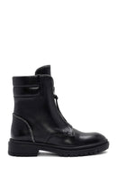 Women's Black Zippered Stoned Leather Combat Boots | Derimod Women's Black Zippered Stoned Leather Combat Boots | Derimod
