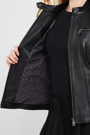 Marlyn Women's Black Short Leather Jacket | Derimod Marlyn Women's Black Short Leather Jacket | Derimod