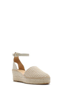 Women's Beige Buckle Ankle Wedge Heel Straw Leather Espadrille Sandals | Derimod Women's Beige Buckle Ankle Wedge Heel Straw Leather Espadrille Sandals | Derimod