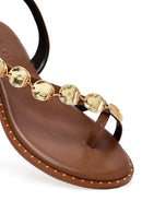 Women's Brown Metal Detailed Flip-Flop Leather Sandals | Derimod Women's Brown Metal Detailed Flip-Flop Leather Sandals | Derimod