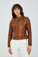 Kylie Women's Camel Short Leather Jacket | Derimod Kylie Women's Camel Short Leather Jacket | Derimod