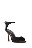 Women's Black Ankle Strap Stoned Leather Thin High Heel Shoes | Derimod Women's Black Ankle Strap Stoned Leather Thin High Heel Shoes | Derimod