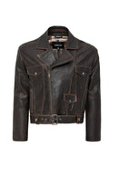 Lugano Kadın Kahverengi Vintage Biker Deri Ceket | Derimod Lugano Kadın Kahverengi Vintage Biker Deri Ceket | Derimod
