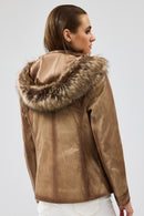 Meggy Women's Beige Hooded Furry Leather Jacket | Derimod Meggy Women's Beige Hooded Furry Leather Jacket | Derimod