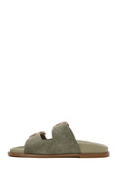 Women's Green Double Buckled Suede Leather Slippers | Derimod Women's Green Double Buckled Suede Leather Slippers | Derimod